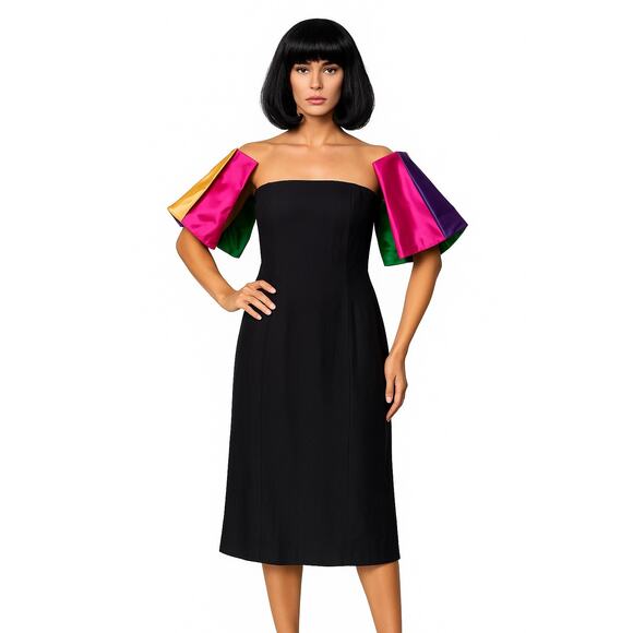 American Vintage Dresses & Skirts - Vintage 80's black with off shoulder multi colors puff satin sleeves size s-m
